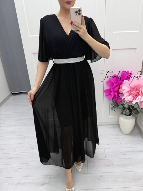 Dlhé čierne šaty so štrasovým opaskom C291