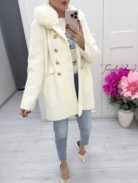 Maslový Alpaka kabát s kožušinou a zlatými gombíkmi C271