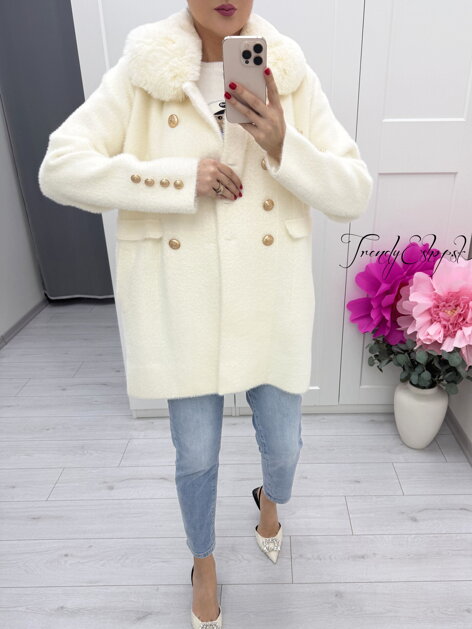 Maslový Alpaka kabát s kožušinou a zlatými gombíkmi C271