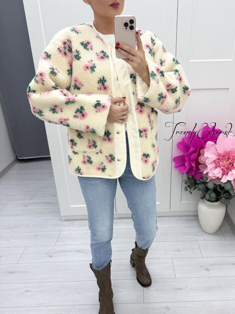 Kvetinová teddy bundička s menčestrovým lemom C280