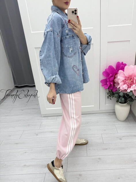 Ružové tepláky s bielymi pruhmi a so sťahovaním C213