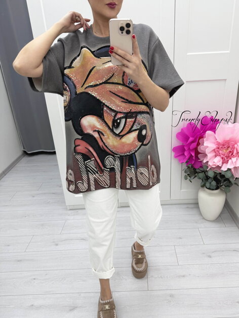 Tmavosivé tričko s nápisom a potlačou Mickey C215