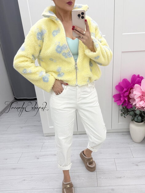 Kvetinová teddy mikina / bundička - žlto-modrá C247