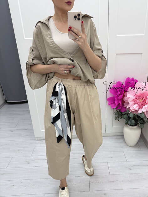 Béžové voľné nohavice so šatkou C205