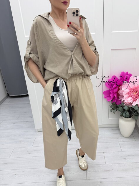 Béžové voľné nohavice so šatkou C205