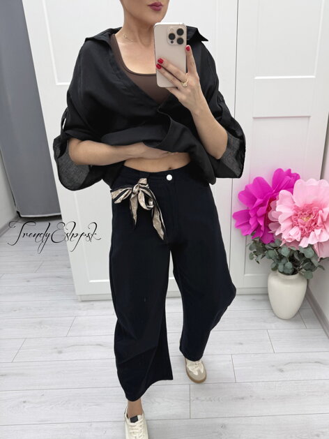 Bavlnené nohavice s hnedou šatkou - modro-čierne C207