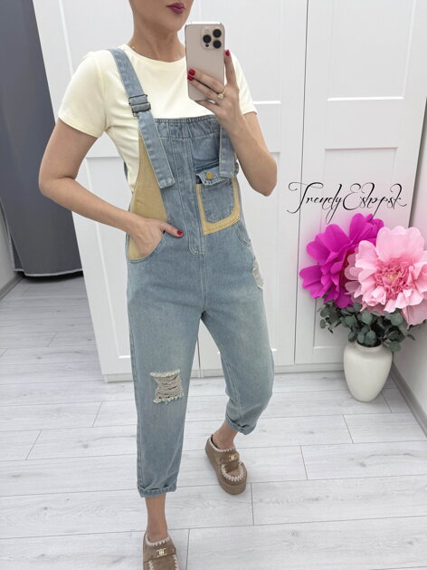 Džínsy na traky - modro-hnedé C203