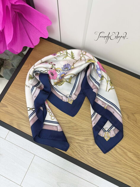 Hodvábna kvetinová šatka - tmavomodro-ružová C348