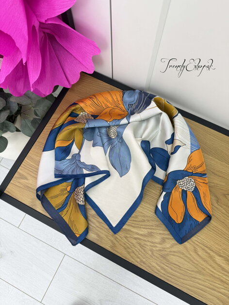 Kvetinová šatka - modro-bielo-oranžová C352