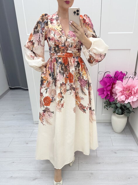 Dlhé kvetinové šaty s balónovými rukávmi Bella - béžovo-oranžové C374
