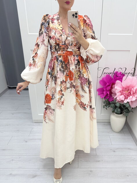 Dlhé kvetinové šaty s balónovými rukávmi Bella - béžovo-oranžové C374