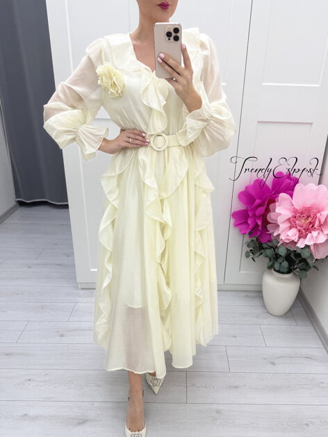 Dlhé volánové šaty s opaskom a 3D ružou - svetložlté C375