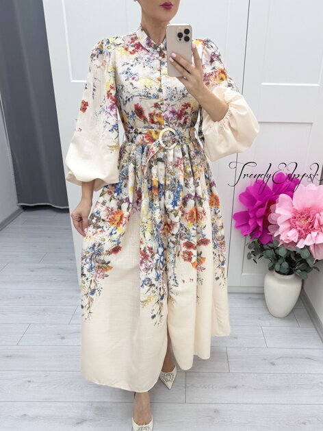 Dlhé kvetinové šaty s balónovými rukávmi Alice - béžovo-modré C376