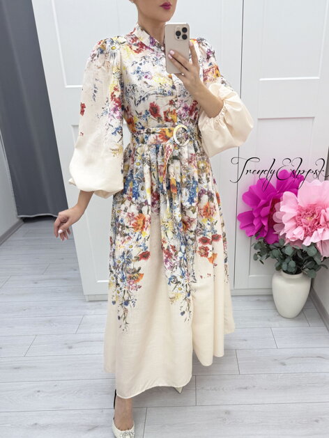 Dlhé kvetinové šaty s balónovými rukávmi Alice - béžovo-modré C376