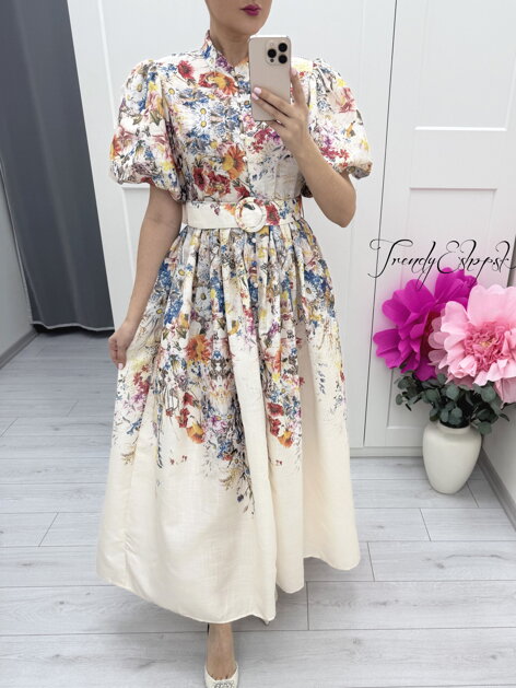 Kvetinové šaty s krátkymi PUF rukávmi - béžovo-modré C377