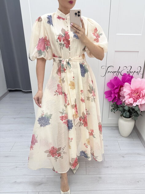 Ľanovo-bavlnené kvetinové šaty s krátkymi PUF rukávmi - béžové C378