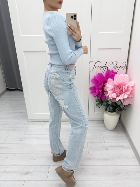 Svetlomodré rifle so štrasovým vreckom C384