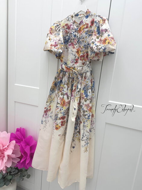 Kvetinové šaty s krátkymi PUF rukávmi - béžovo-modré C377