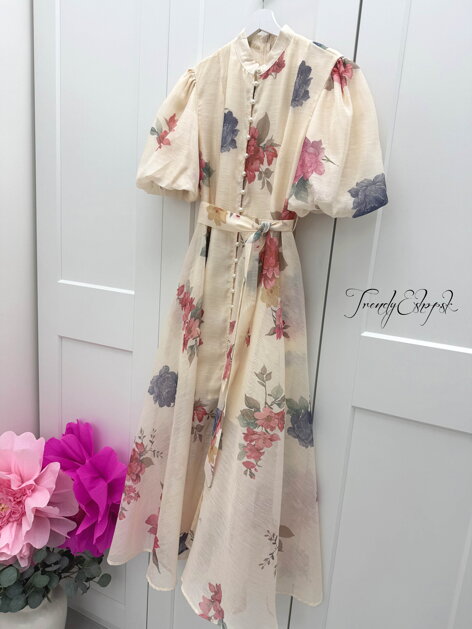 Ľanovo-bavlnené kvetinové šaty s krátkymi PUF rukávmi - béžové C378