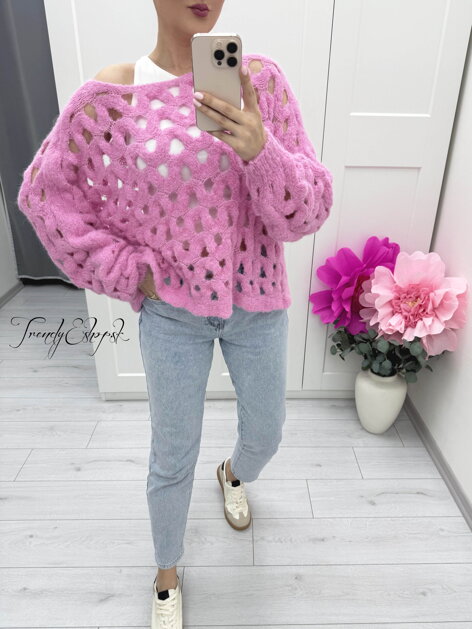 Ružový dierovaný sveter C418
