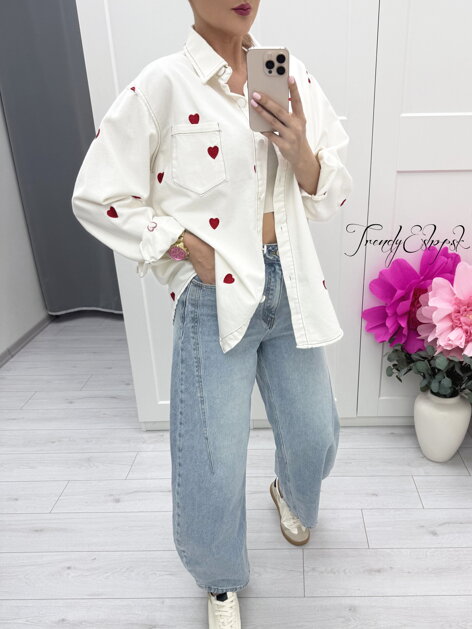 Vrchná rifľová košeľa so srdiečkami - bielo-červená C446