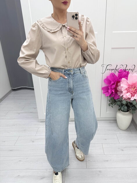 Bavlnená blúzka s výrazným límcom - béžová C436