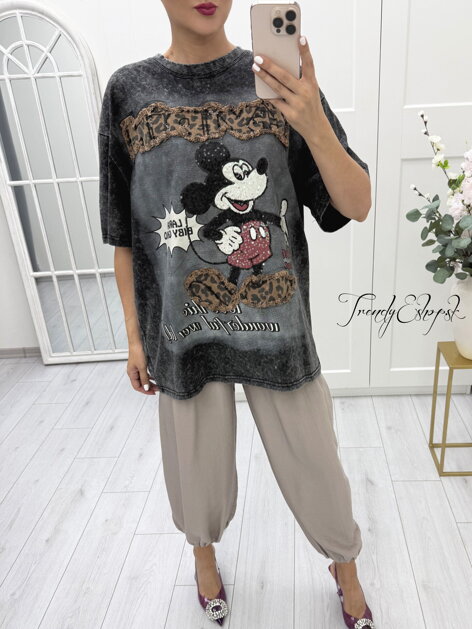 Tričko s leoparďou nášivkou Mickey Mouse - tmavošedé C1385 