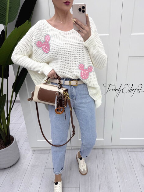 Dierovaný sveter s rebrovanými rukávmi Minnie - smotanový B94