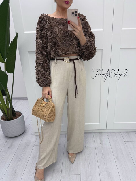 Sieťovaný top na ramená s 3D kvetmi - hnedý B1000