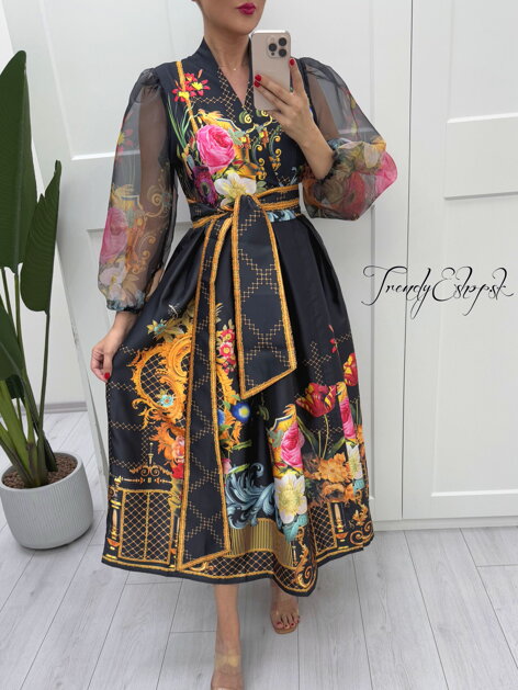 Kvetinové šaty FOLK - čierne B1132