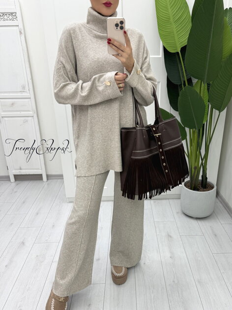 Úpletový komplet s rolákom - béžový B2124