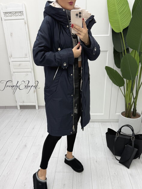 Dlhá bunda s kapucňou FASHION - tmavomodrá B2156