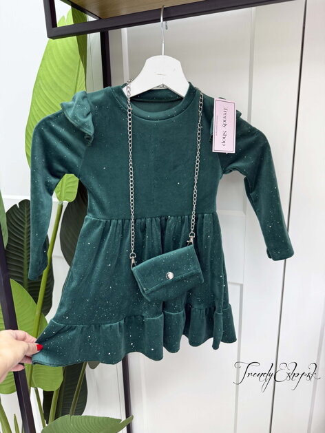 Detské zamatové šaty s kabelkou - smaragdové B2226