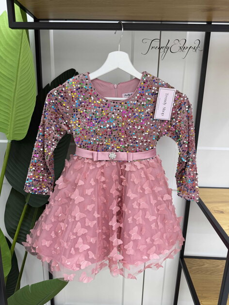 Detské šaty s flitrami BUTTERFLY - ružové B2223