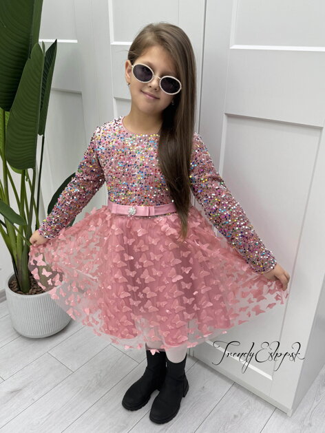 Detské šaty s flitrami BUTTERFLY - ružové B2223