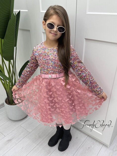 Detské šaty s flitrami BUTTERFLY - ružové B2223