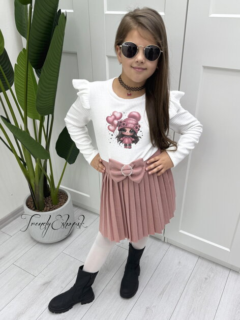 Detské šaty s plisovanou sukničkou BOW - bielo-ružové B2224