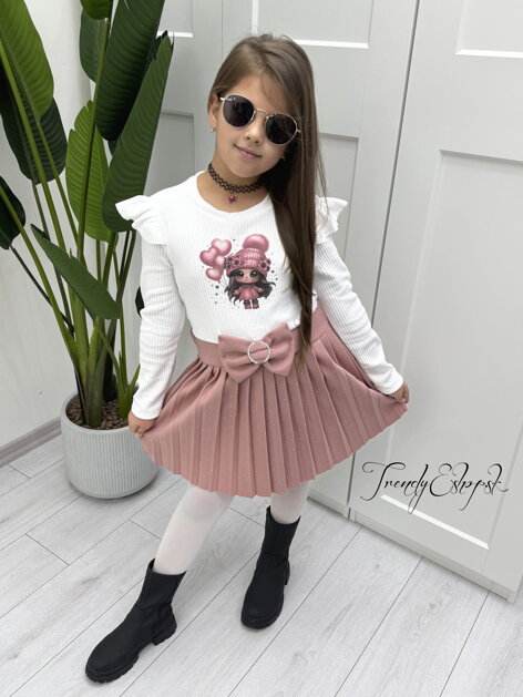 Detské šaty s plisovanou sukničkou BOW - bielo-ružové B2224