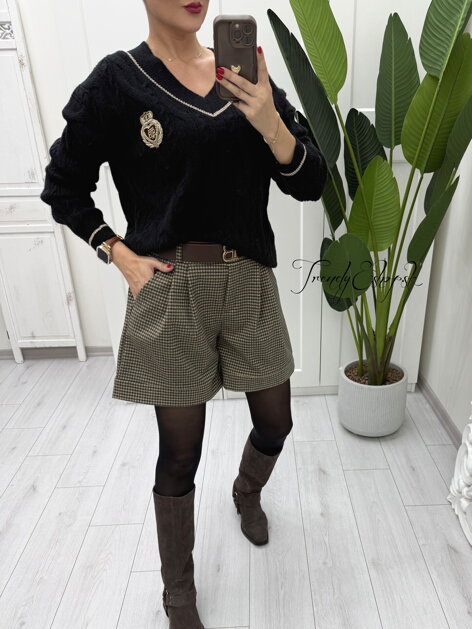 Kockované kraťasy s opaskom - veľké kocky - hnedo-čierne B2246