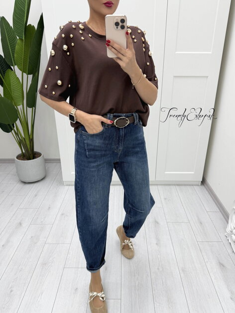 Tričko so zlatými perličkami - čokoládové B1711