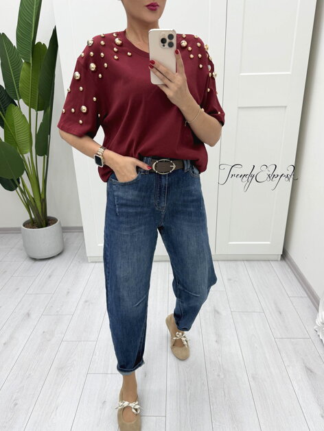 Tričko so zlatými perličkami - bordové B1710