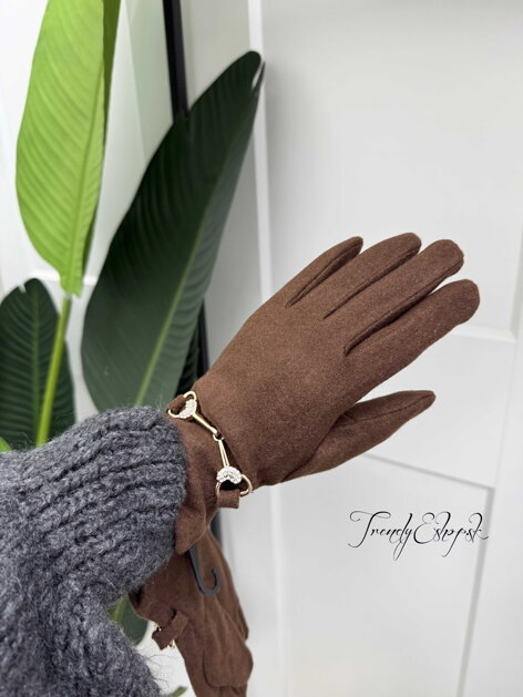 Rukavice so štrasovým srdiečkom - čokoládové B2471