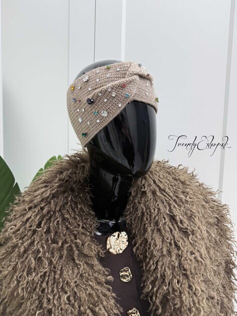 Pletená čelenka s farebnými kamienkami - hnedá B2466