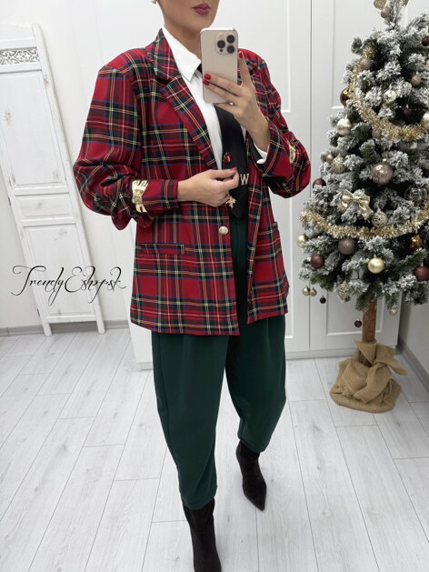 Dlhšie kárované sako - červeno-zelené B2416