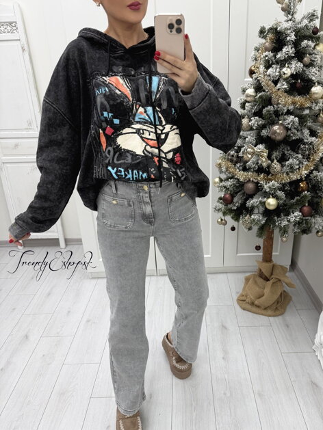 Oversize mikina s kapucňou a štýlovou potlačou MAKEY - tmavosivo-oranžový B2386