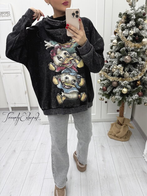 Oversize mikina s kapucňou a štýlovou potlačou na chrbte DISNEY - tmavosivá B2378