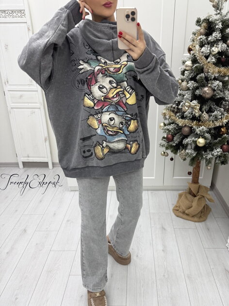 Oversize mikina s kapucňou a štýlovou potlačou na chrbte DISNEY - svetlosivá B2377