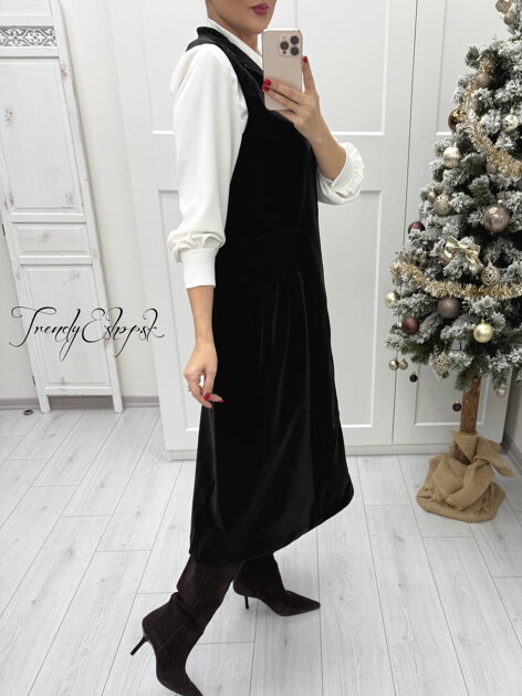 Zamatovo-koženkové šaty na zips - čierne B2419