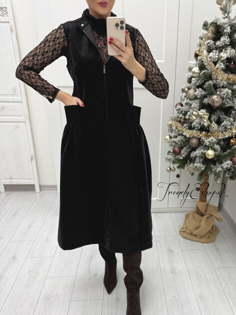 Zamatovo-koženkové šaty na zips - čierne B2419