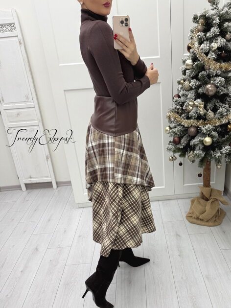 Koženkovo-károvaná sukňa - hnedo-béžová B2422